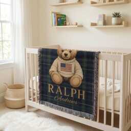 Personalized Baby Woven Blanket, Custom Name Teddy Bear Nursery Throw Shower Gift - thumbnail 3