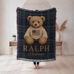 Personalized Baby Woven Blanket, Custom Name Teddy Bear Nursery Throw Shower Gift - thumbnail 1