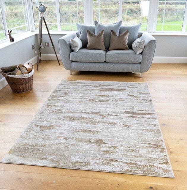 New Modern Beige Gold Cream Metallic Marble Wave Design Rug Colorful Silky Soft Good Quality Floor Area Mats UK - image 1