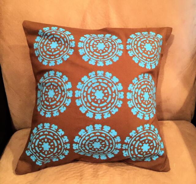Brown Pillow Cover, Decorative Pillow Cover, Home Decor, Floral Stencilled Painted Pillow, 16x16 Cover - image 1