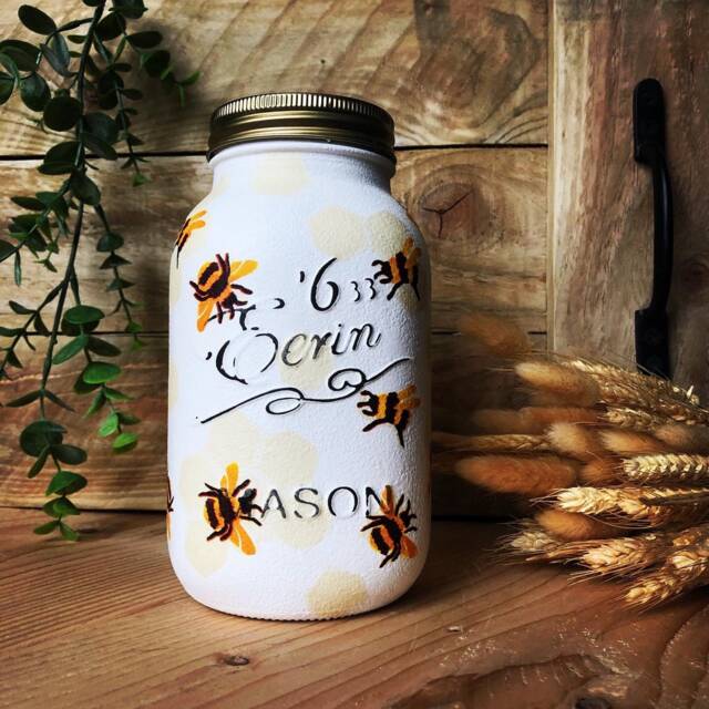 Pretty Hand Decorated Bee Jar - Storage, Vase, Honey, Mason Jar, Kilner Gift