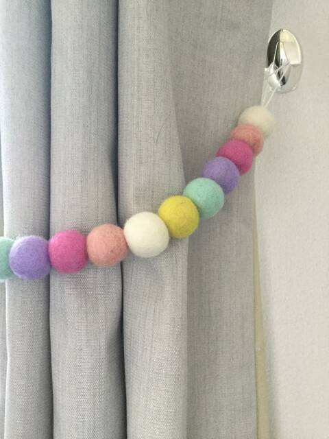Unicorn Felt Ball Curtain Tie Back Pastel Nursery Decor - image 1