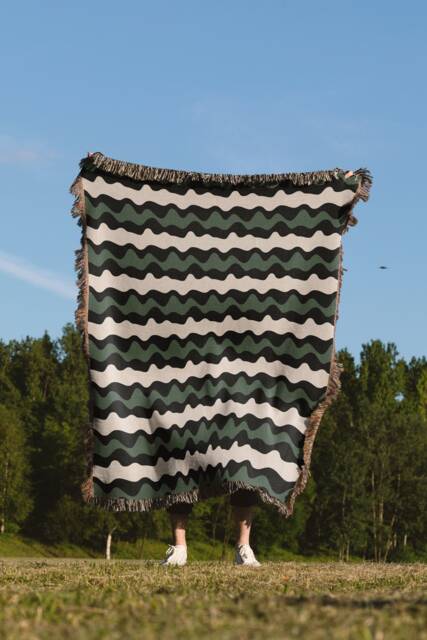 Wavy Stripes Beige Green Black 1960S Woven Cotton Throw Blankets - image 1