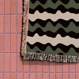 Wavy Stripes Beige Green Black 1960S Woven Cotton Throw Blankets - thumbnail 3