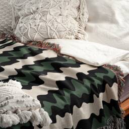 Wavy Stripes Beige Green Black 1960S Woven Cotton Throw Blankets - thumbnail 2