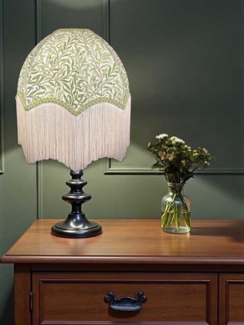 Handmade William Morris Sage Willow Bough Fabric Dome Lampshade Green Braid & Cream Fringe, British - image 1