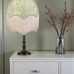 Handmade William Morris Sage Willow Bough Fabric Dome Lampshade Green Braid & Cream Fringe, British - thumbnail 3