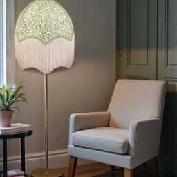 Handmade William Morris Sage Willow Bough Fabric Dome Lampshade Green Braid & Cream Fringe, British - thumbnail 2