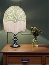 Handmade William Morris Sage Willow Bough Fabric Dome Lampshade Green Braid & Cream Fringe, British - thumbnail 1