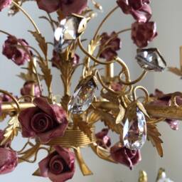 Italian Hand Forged Wrought Iron 8 Lights Gold Leaf Chandelier Ceramic Roses - thumbnail 4