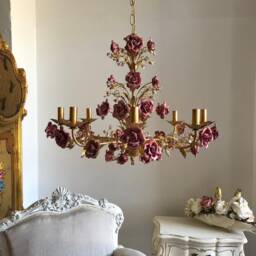 Italian Hand Forged Wrought Iron 8 Lights Gold Leaf Chandelier Ceramic Roses - thumbnail 2