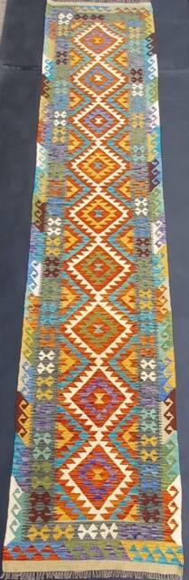 Kilim Runner Rug, Handmade Artisan Afghan Turkish Aztec Natural Wool Rug 394x80 cm - image 1