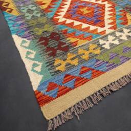 Kilim Runner Rug, Handmade Artisan Afghan Turkish Aztec Natural Wool Rug 394x80 cm - thumbnail 2