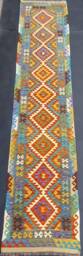 Kilim Runner Rug, Handmade Artisan Afghan Turkish Aztec Natural Wool Rug 394x80 cm - thumbnail 1