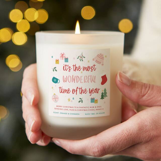 Personalised Christmas Candle Frosted Glass, Soy Wax, Holiday Illustration - image 1