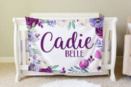 Purple Floral Personalized Baby Blanket, Custom Shower Gift, Nursery Crib Hospital, Car Blanket