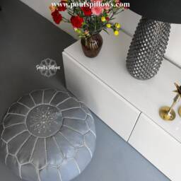Moroccan Leather Pouf Grey - Delivered Stuffed Ottoman, Leather Pouffe Footstool, Floor Cushion - Grey - thumbnail 3