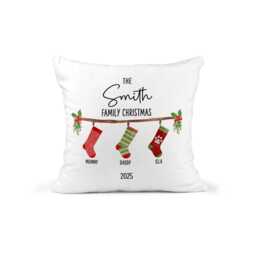 Personalised Christmas Cushion, Family Decoration, Custom Xmas Decor, Hanging Stockings 2025 Home Names - thumbnail 1