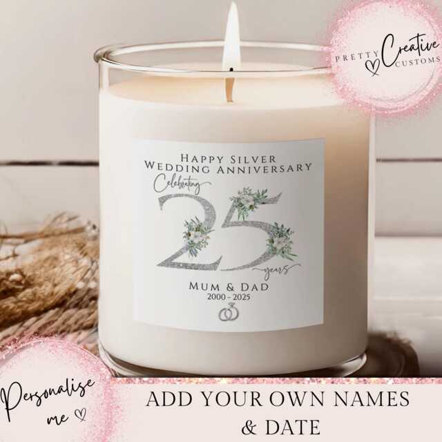 25Th Wedding Anniversary Candle, Silver Gift, Personalised Candle, 25Th Parent, Grandparent - image 1