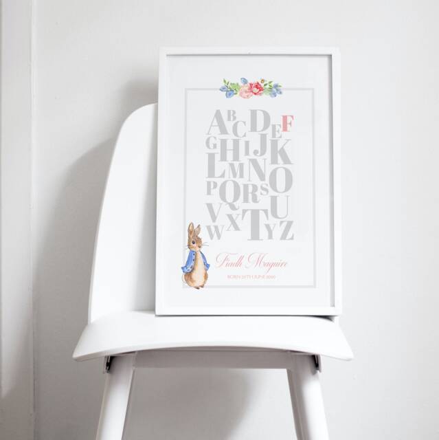 Personalised Peter Rabbit Nursery Alphabet Print, Beatrix Potter Birth Details, Peter New Baby Gift, Birth Announcement, Christening Gift - image 1
