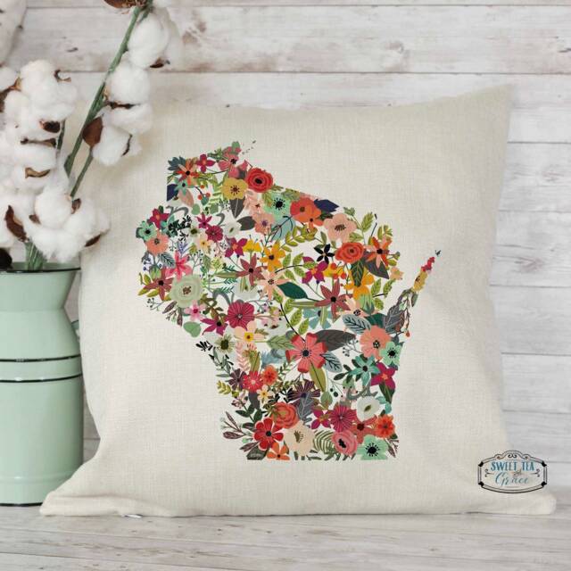 Pillow Cover, Pillow, Case, Custom State, Farmhouse Decor, Throw Home Floral, Wisconsin - image 1