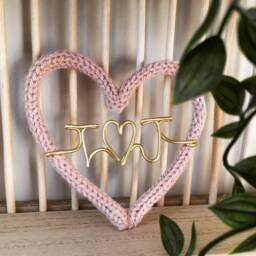 Valentines Couple Initial Gift Knitted Heart & Wire Words Personalised Wall Decor Shelf Sign Husband Wife Boyfriend Girlfriend - thumbnail 1