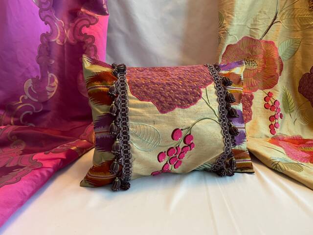 "Bohemian Silk Pillow Cover Orange Magenta Embroidered Tassel - 14""x 20" - image 1