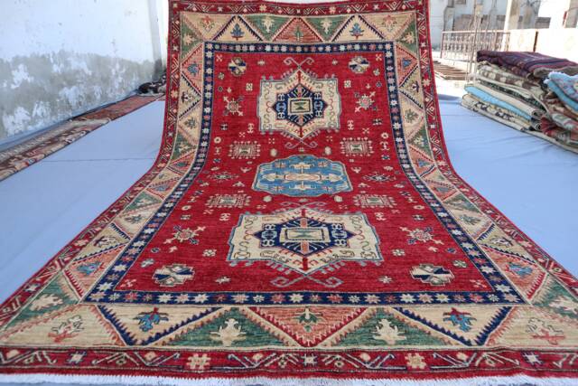 6x9 Ft Afghan Oriental Kazak Rug, Fine Turkmen Hand Knotted Natural Veg Dyes Wool Area Geometric Rug For Bedroom, Living Room - image 1