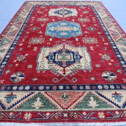 6x9 Ft Afghan Oriental Kazak Rug, Fine Turkmen Hand Knotted Natural Veg Dyes Wool Area Geometric Rug For Bedroom, Living Room - thumbnail 3