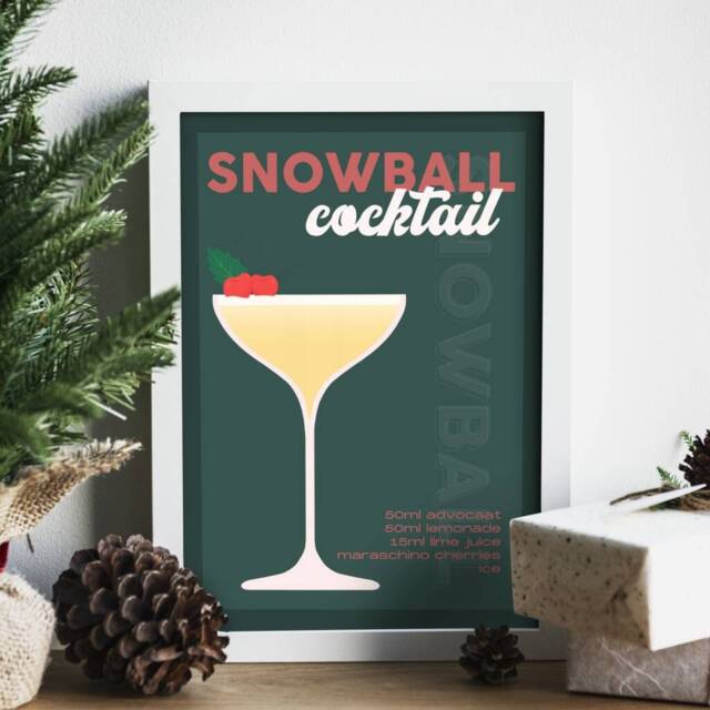 Snowball Classic Christmas Cocktail Recipe Print - Decor, Bar Prints, Retro Print, Gifts, Cart, Eclectic, Kitchen - image 1