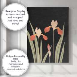 Minimalist Coral Iris Flowers Black Background Botanical Artwork Canvas Wall Art Print Decor Picture Ready To Hang - thumbnail 3