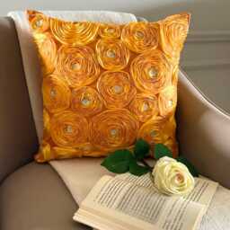 "Art Silk Orange Ribbon Embroidered Rose Decorative Pillow Sham, 24""x24""/26""x26" - thumbnail 3