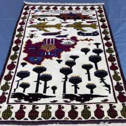 Afghan War Hand Knotted Wool Rug, Military History Decor, Brutalist Accent Tribal Area Unique Men Gift Opium Handwoven Pictorial Rug - thumbnail 2