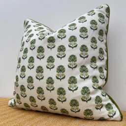 Handmade Green Floral Block Print Style Cushion Modern Throw Pillow, Piped Edge, Feather Insert Included - thumbnail 1