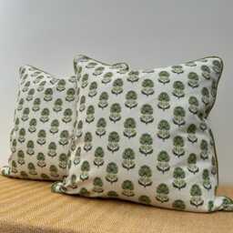 Handmade Green Floral Block Print Style Cushion Modern Throw Pillow, Piped Edge, Feather Insert Included - thumbnail 3
