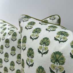 Handmade Green Floral Block Print Style Cushion Modern Throw Pillow, Piped Edge, Feather Insert Included - thumbnail 2