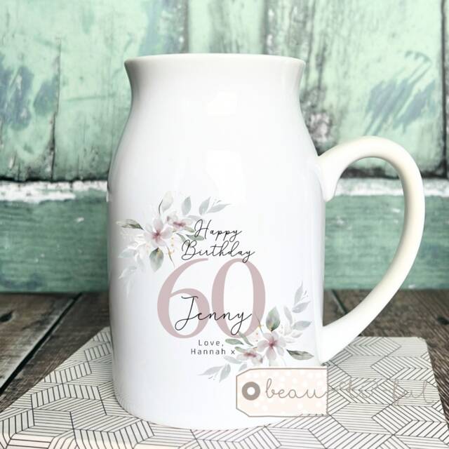 Personalised Birthday Gift Special Milestone 21 30 40 50 60 70 Any Age Dusky Pink Floral Ceramic Small Vase Jug Mug