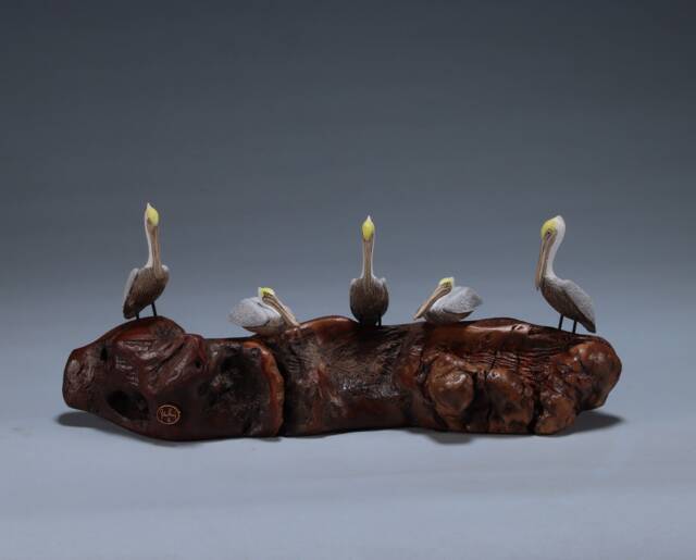 5 Pelicans Sculpture By John Perry 9In Long On Burlwood Statue Figurine D??cor - image 1