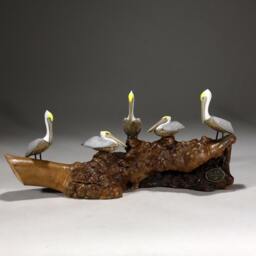 5 Pelicans Sculpture By John Perry 9In Long On Burlwood Statue Figurine D??cor - thumbnail 3