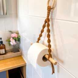 Caramel Toilet Roll Holder Wall Mounted, Boho Paper Hanger, Modern Macrame Bathroom Fixture, Cotton Loo Tissue Dispenser - thumbnail 3