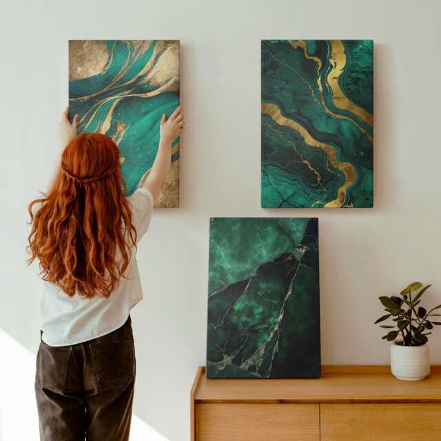 Canvas Art Set Of 3 - Elegant Stone Patterns, Green Large Wall Art, Natural Textures Decor - image 1