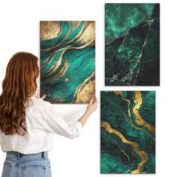 Canvas Art Set Of 3 - Elegant Stone Patterns, Green Large Wall Art, Natural Textures Decor - thumbnail 3
