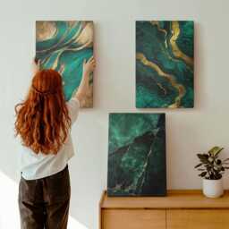Canvas Art Set Of 3 - Elegant Stone Patterns, Green Large Wall Art, Natural Textures Decor - thumbnail 1