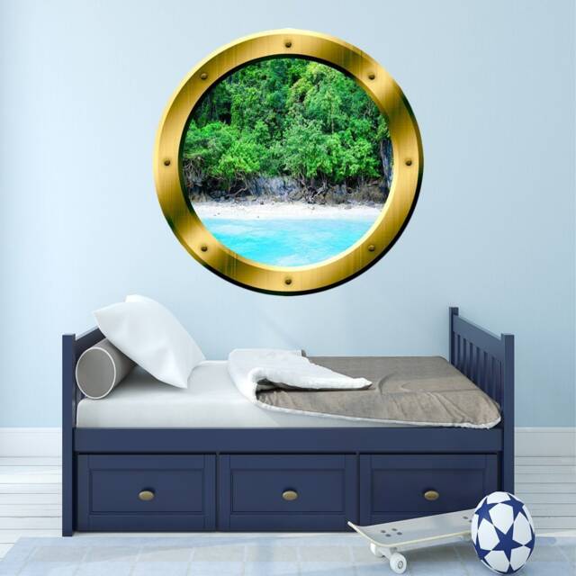 Peel & Stick Beach Scene 3D Ocean Porthole Surf Wall Art Decal Family Gold Portal Home Decor - Gp15 - image 1
