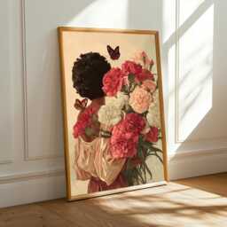 Floral Woman Art Print Boho Afrocentric Decor, Carnation Bouquet - Poster Only - thumbnail 1
