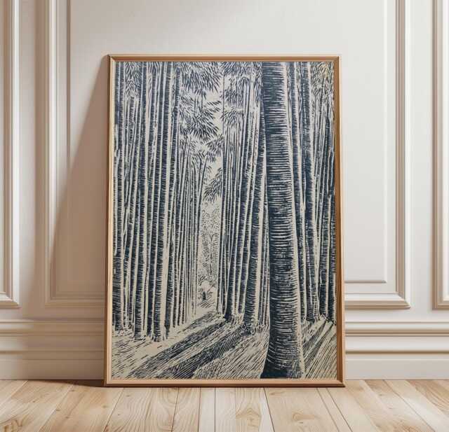 Bamboo Forest Poster, Black & White Woodcut Print, Nature Wall Art - image 1