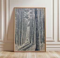 Bamboo Forest Poster, Black & White Woodcut Print, Nature Wall Art - thumbnail 1