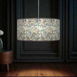 Blue Mustard Leaves Print Lampshade - Handmade Floral Drum Pendant Botanical Ceiling Light For Modern Natural Interiors - thumbnail 3