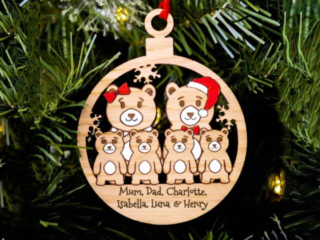 Personalised Bear Family Christmas Bauble Engraved Oak Xmas Tree Decoration - image 1