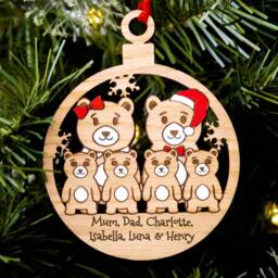 Personalised Bear Family Christmas Bauble Engraved Oak Xmas Tree Decoration - thumbnail 2